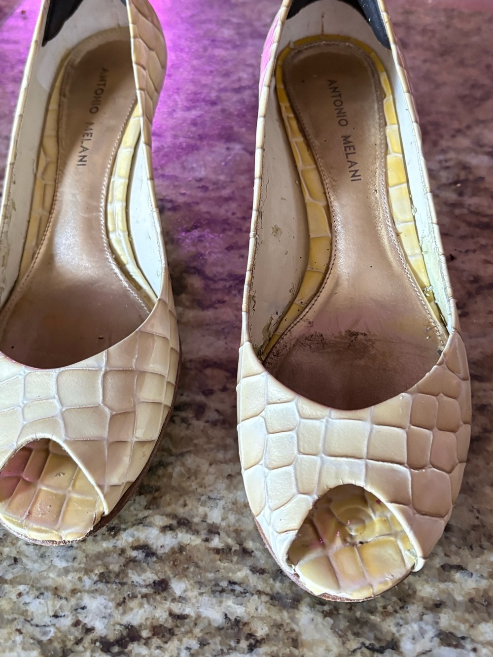 ANTONIO MELANI Cream Croc-Embossed Peep-Toe Heels